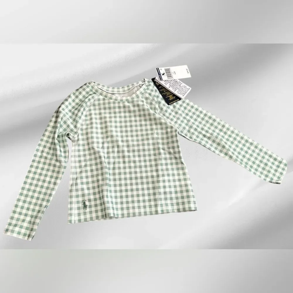 Polo Ralph Lauren Toddler Girls Green Gingham Long Sleeve Rashguard, 3T, NWT